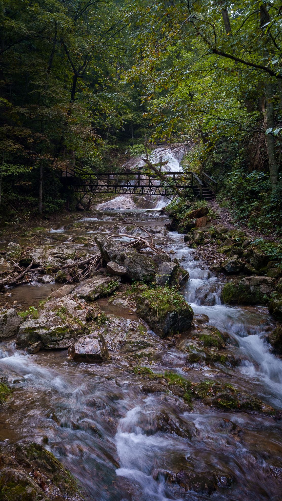A wooden footbridge crossing above a cascading gorge waterfall