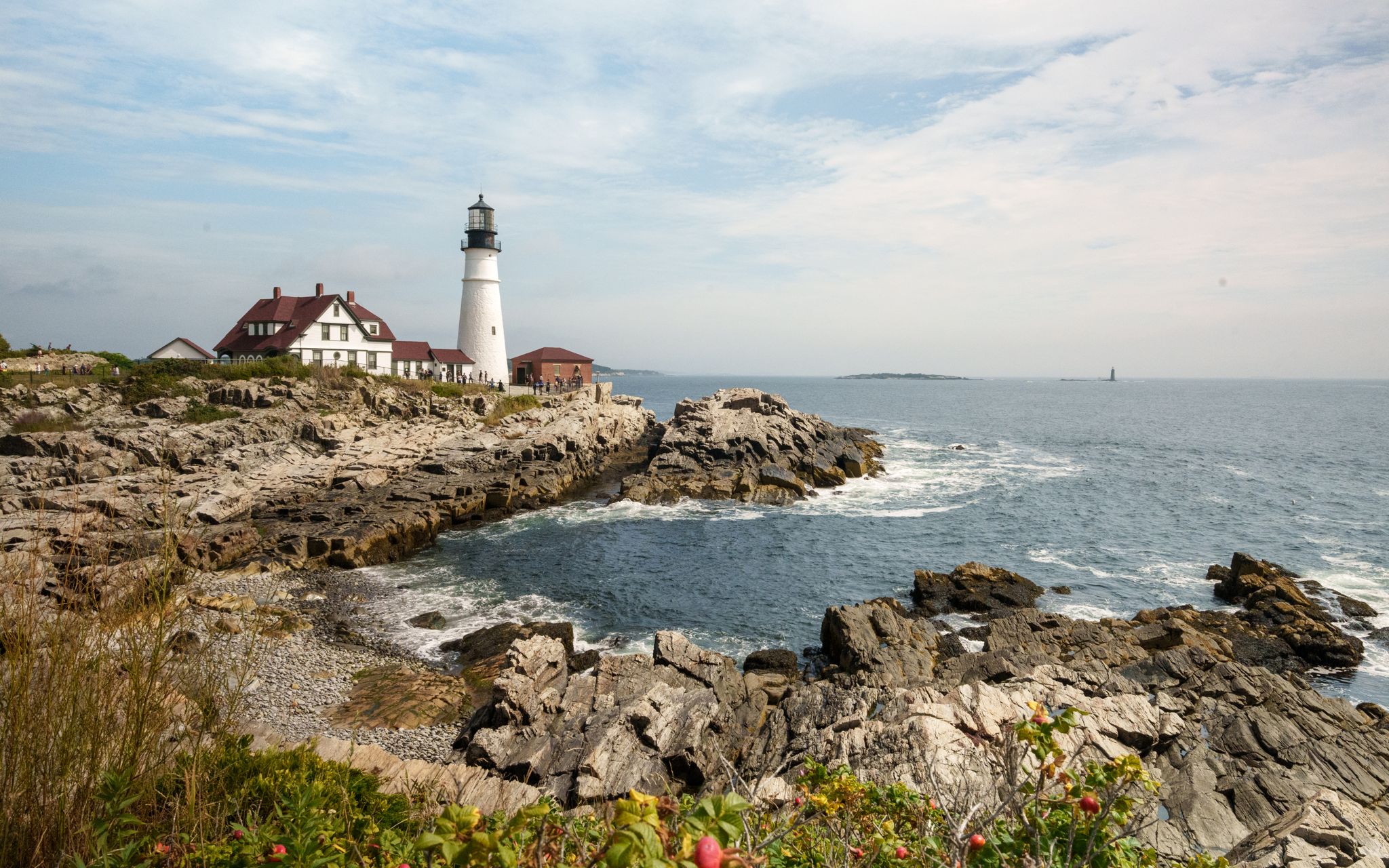 Portland Head Light on its rocky point, beach roses in the foreground